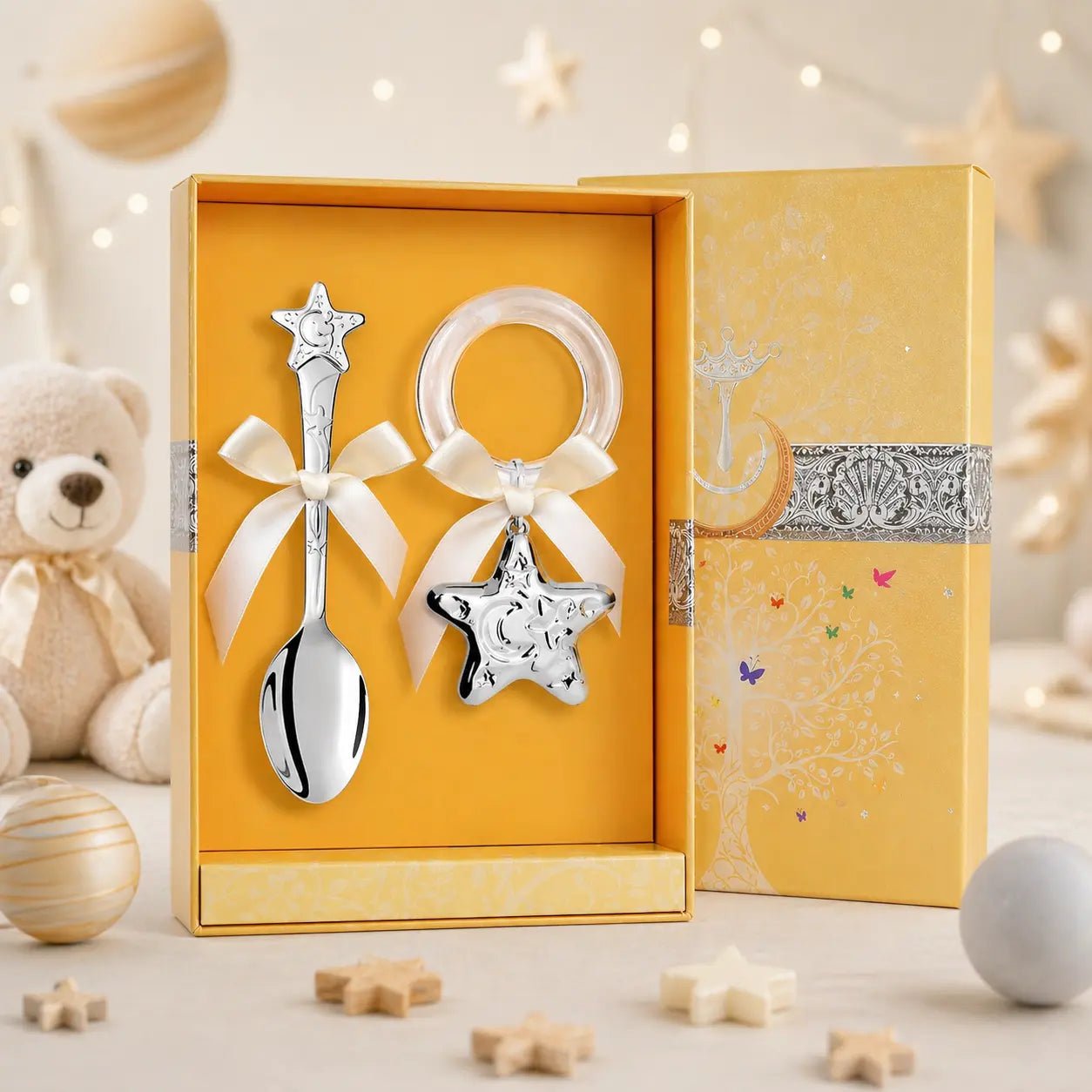Baby Geschenkset 925 Silber Stern – Babylöffel & Rassel mit Acrylring