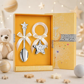 Baby Geschenkset 925 Silber Stern – Babylöffel & Rassel mit Acrylring