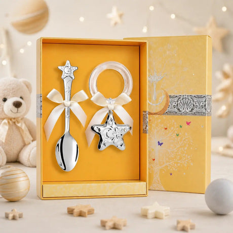 Baby Geschenkset 925 Silber Stern – Babylöffel & Rassel mit Acrylring