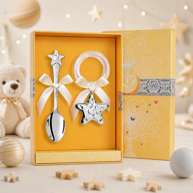Baby Geschenkset 925 Silber Stern – Babylöffel & Rassel mit Acrylring