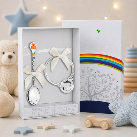 Baby Geschenkset 925 Silber Teddybär – Emaille - Löffel & Rassel