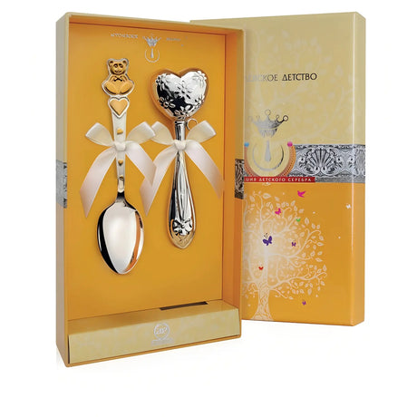 Baby Geschenkset Kindheit – Löffel & Rassel Herz & Bär 925 Silber