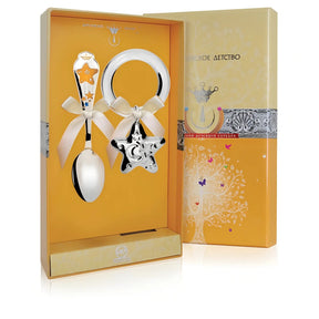 Baby Geschenkset 925 Silber Sterne – Babylöffel Gelb - Blau & Beißring