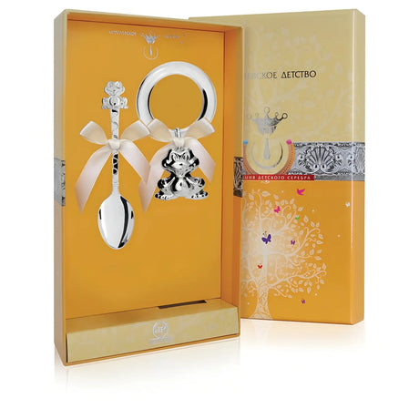 Baby Geschenkset 925 Silber Frosch – Babylöffel & Rassel mit Acrylring