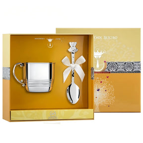 Geschenkset für Babys 925 Silber von ArgentA, Becher mit Henkel und Löffel mit Teddybär-Griff, offene Box