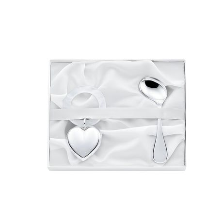 Baby Geschenkset 925 Silber: Herzrassel mit Acrylring & gebogener Babylöffel in weißer Geschenkbox zur Geburt.