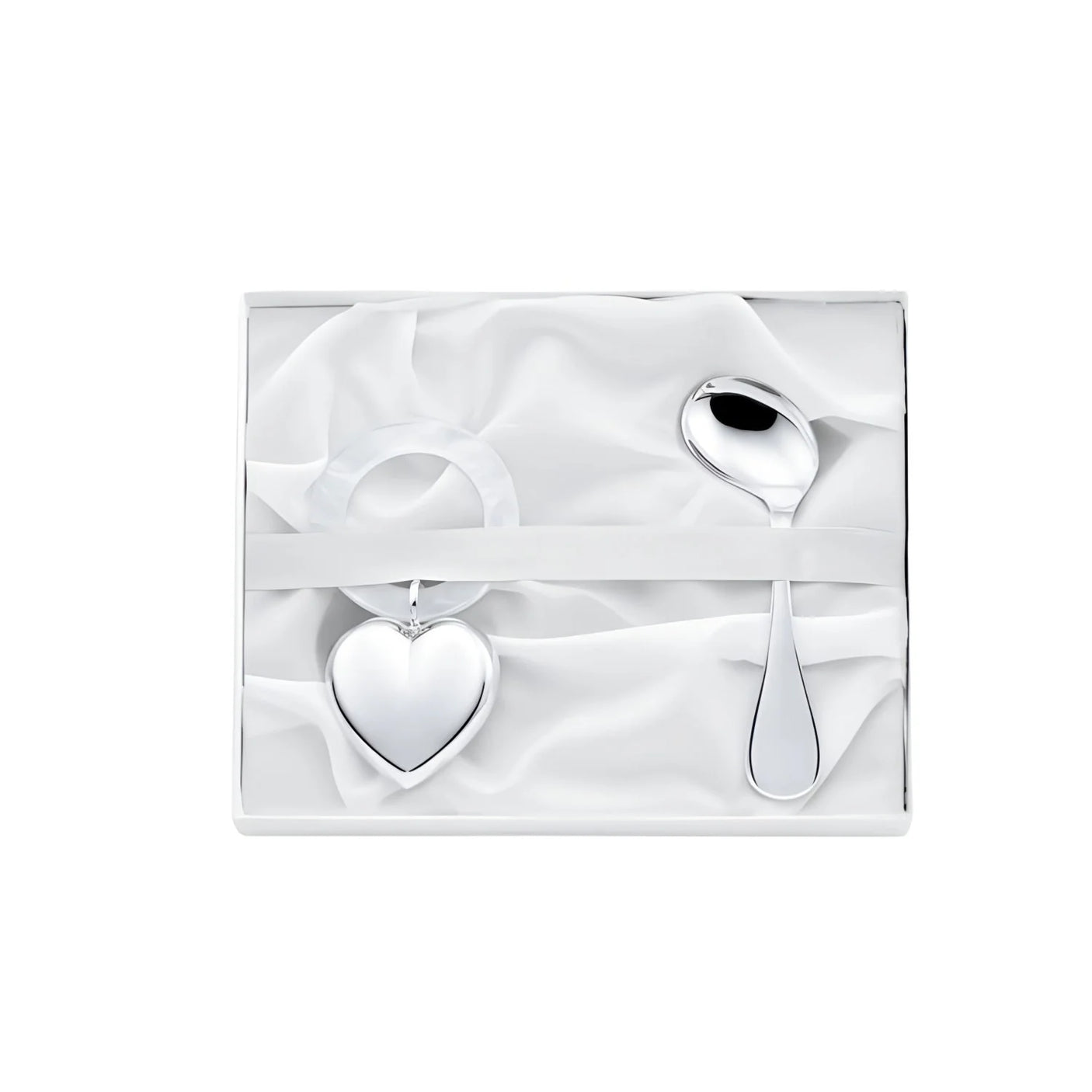 Baby Geschenkset 925 Silber: Herzrassel mit Acrylring & gebogener Babylöffel in weißer Geschenkbox zur Geburt.