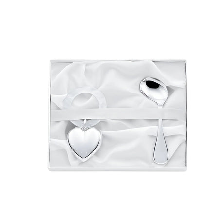 Baby Geschenkset 925 Silber: Herzrassel mit Acrylring & gebogener Babylöffel in weißer Geschenkbox zur Geburt.