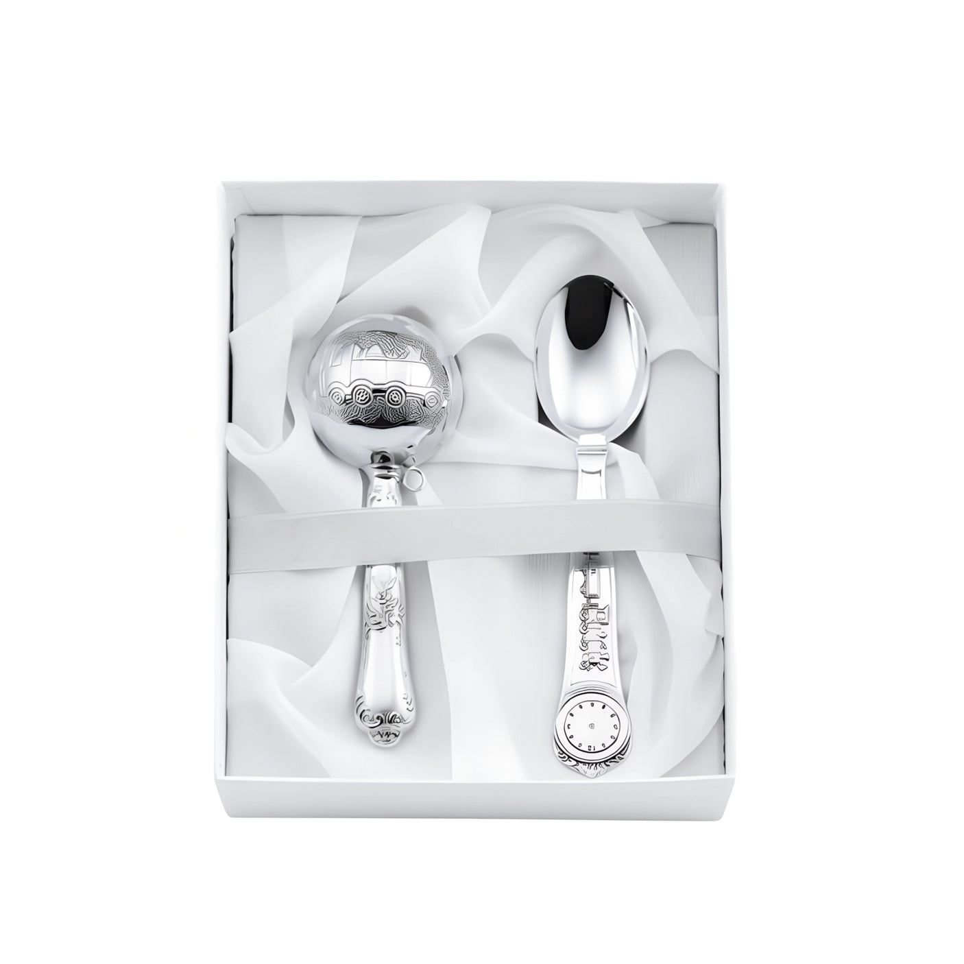 Gift set christening spoon &amp; baby rattle 925 silver train 