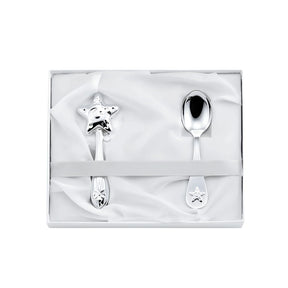 Geschenkset 925 Silber Stern — Babylöffel und Stielrassel mit 3D-Stern in offener weißer Box, Aufsicht