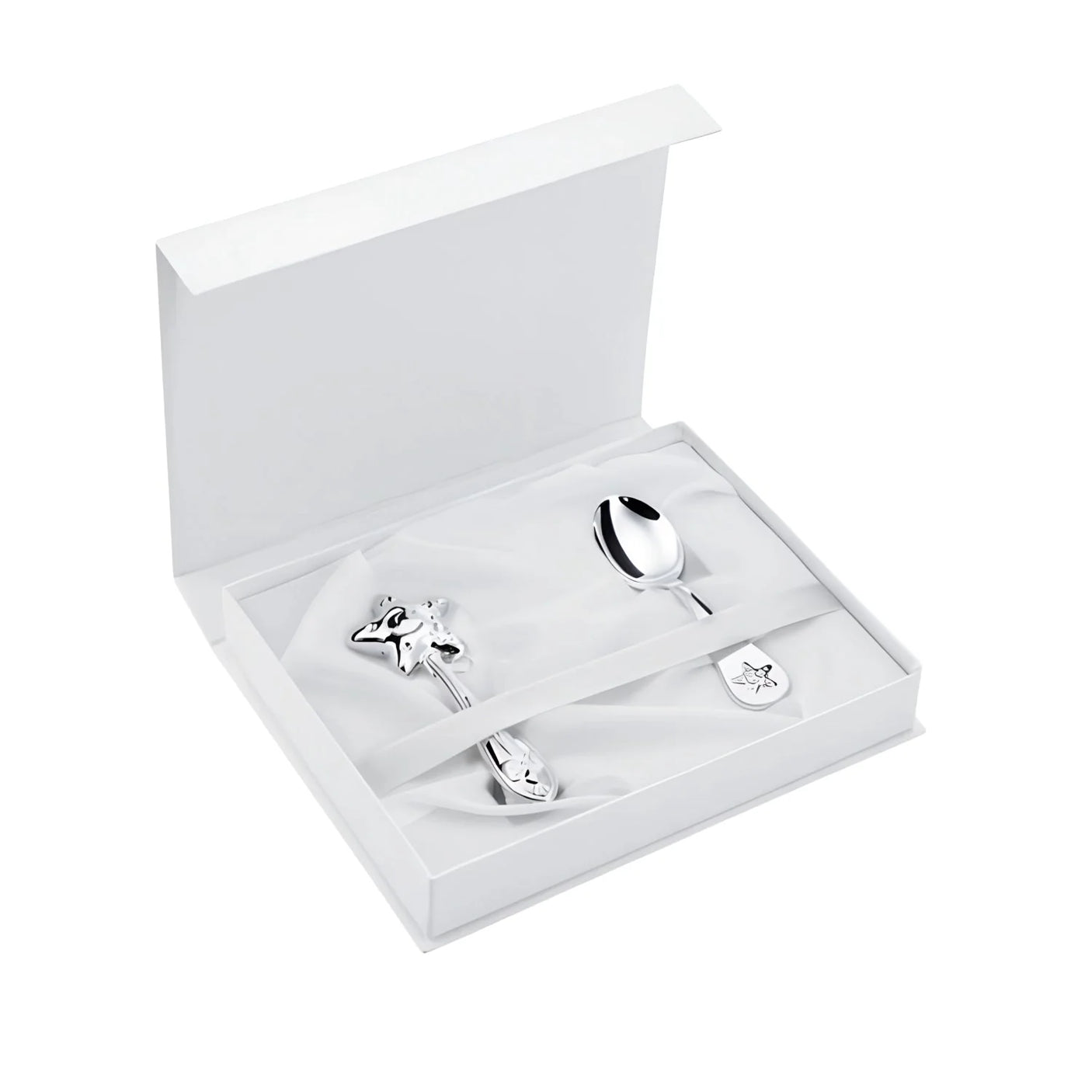 Geschenkset 925 Silber Stern — Stielrassel mit Stern und Babylöffel in offener weißer Magnetbox mit Satinbett