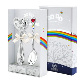 Baby Geschenkset 925 Silber Herz: Babyrassel & Babylöffel; bunte Emaille-Punkte am Griff, Löffel gravierbar; Geschenkbox für Taufe