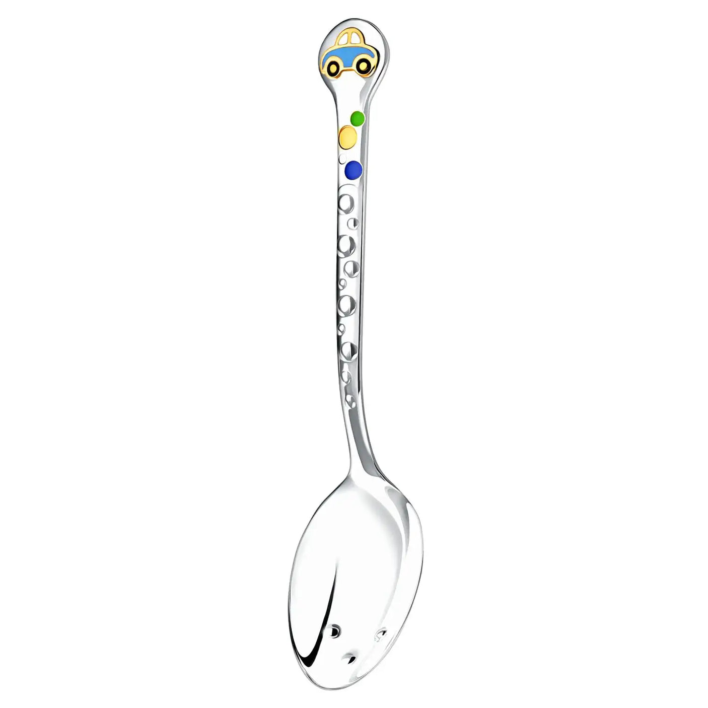 Silberner Babylöffel mit Auto-Motiv in Emaille verziert – Geschenkidee zur Geburt.
