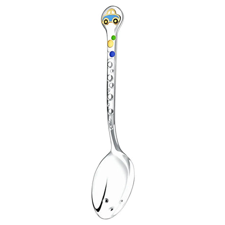 Silberner Babylöffel mit Auto-Motiv in Emaille verziert – Geschenkidee zur Geburt.
