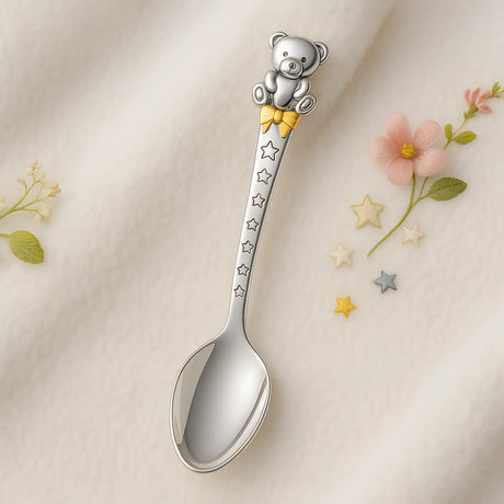 Babylöffel 925 Silber – Teddybär mit Schleife - Emaille & Vergoldung