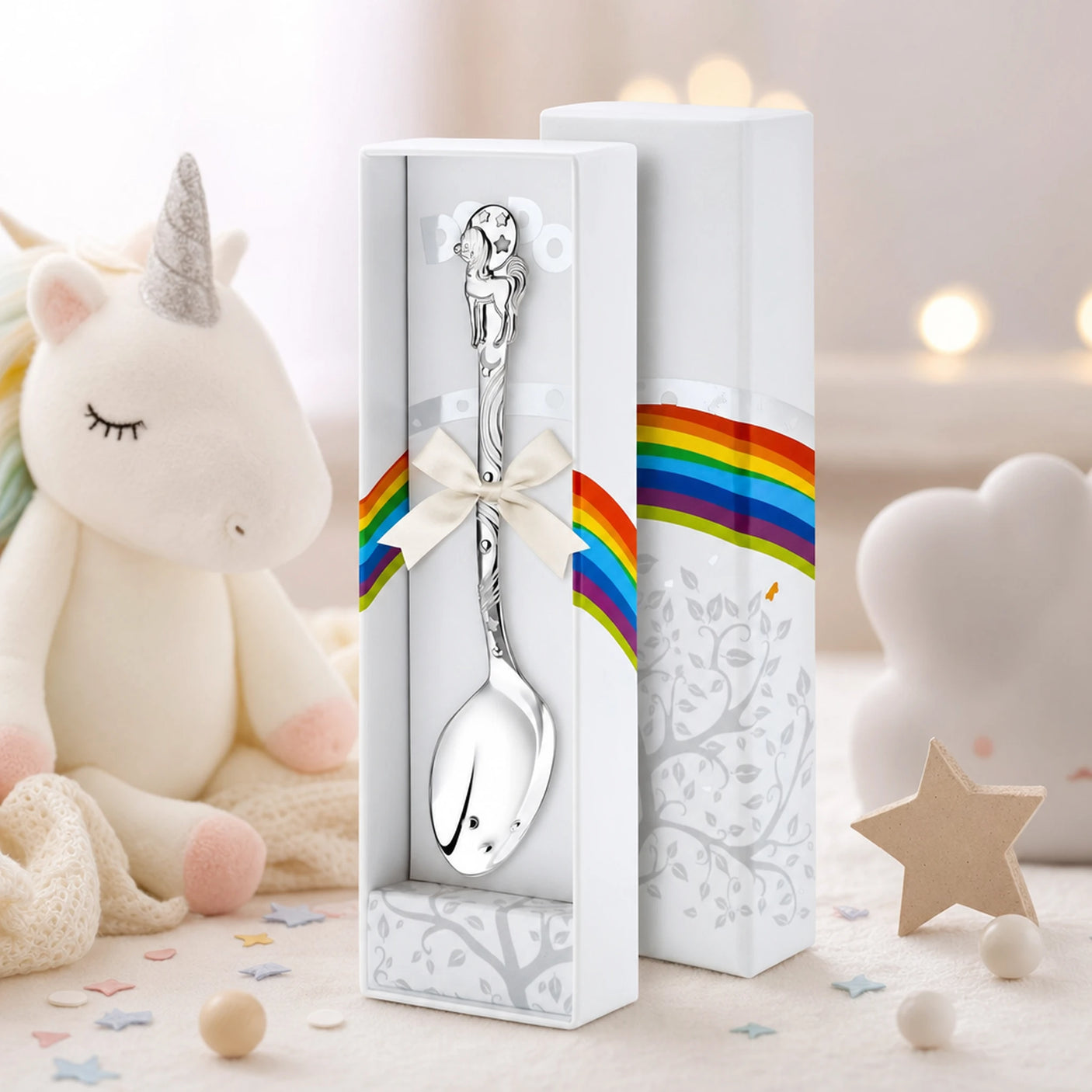 Babylöffel 925 Silber mit Einhorn-Motiv im geschwärzten Design — Lifestyle-Setting, liebevolles Geschenk zur Geburt