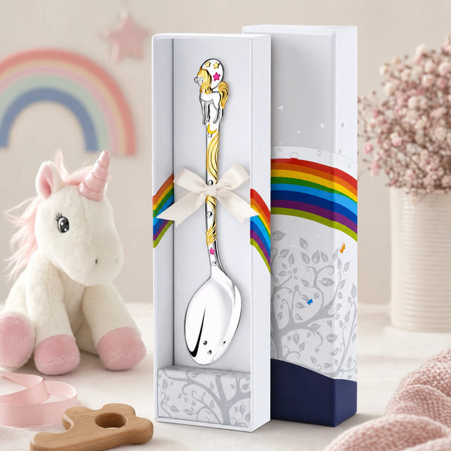 Babylöffel 925 Silber mit gold-rosa Einhorn-Motiv — Lifestyle-Setting, liebevolles Geschenk zur Geburt für Mädchen