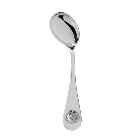 Gebogener Babylöffel aus 925 Silber mit Elefanten-Motiv, personalisierbar mit Gravur zur Geburt oder Taufe.