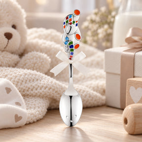 Babylöffel 925 Silber Elefant aus orangefarbener Emaille — Lifestyle-Setting, Geschenk zur Geburt und Taufe