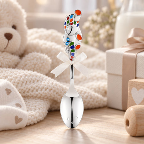 Babylöffel 925 Silber Elefant aus orangefarbener Emaille — Lifestyle-Setting, Geschenk zur Geburt und Taufe