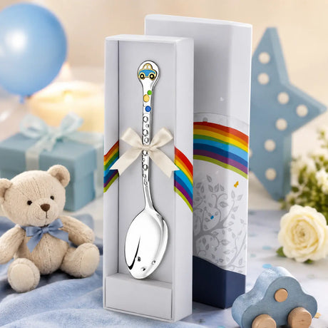 Babylöffel aus 925 Silber mit blau-goldenem Auto-Emaille-Motiv in Geschenkbox – edles Geschenk zur Geburt für Jungen