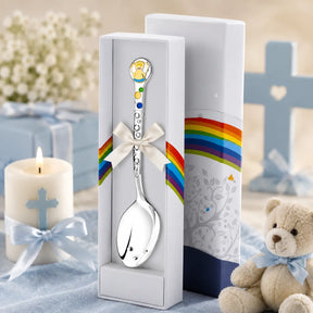 Babylöffel aus 925 Silber mit Engel-Emaille in Gold-Blau für Jungen – edler Tauflöffel in Geschenkbox zur Taufe