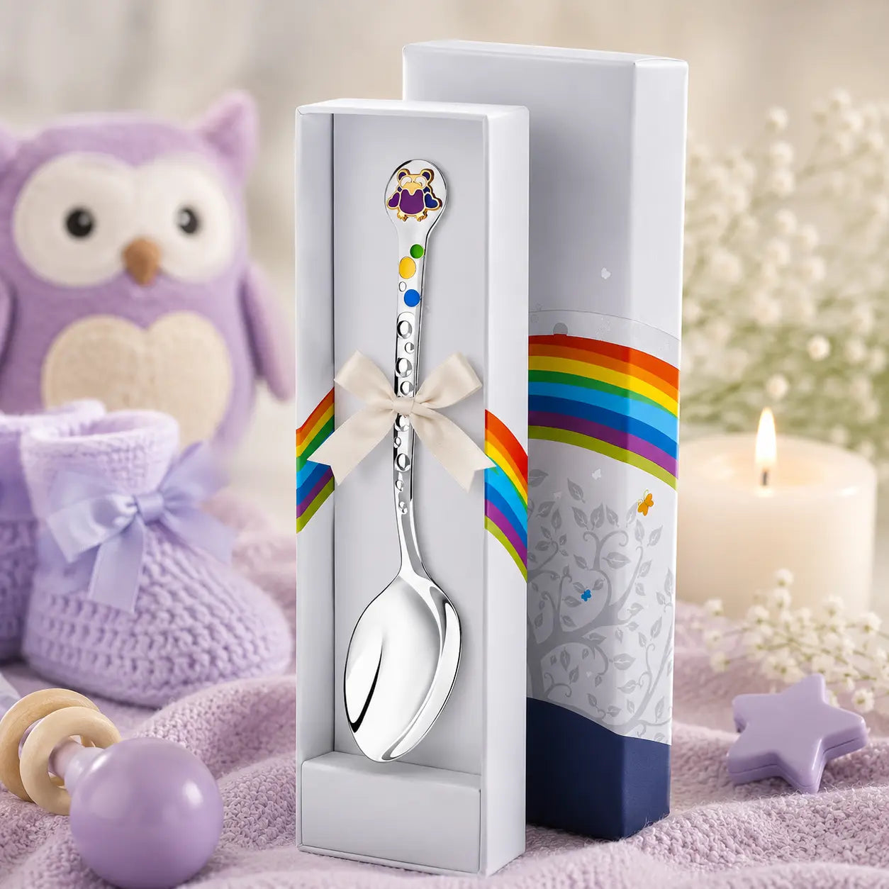 Babylöffel aus 925 Silber mit lila Eulen-Emaille und Vergoldung – liebevolles Geschenk zur Geburt oder Taufe