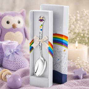 Babylöffel aus 925 Silber mit lila Eulen-Emaille und Vergoldung – liebevolles Geschenk zur Geburt oder Taufe