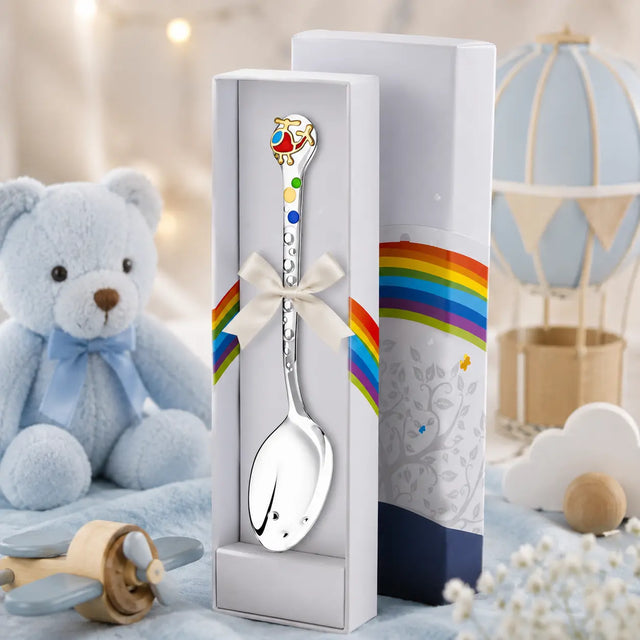 Babylöffel aus 925 Silber mit rot-blauem Hubschrauber-Emaille-Motiv und Vergoldung – Geschenk zur Geburt für Jungen
