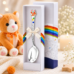 Babylöffel aus 925 Silber mit orange-goldenem Kätzchen-Emaille-Motiv – liebevolles Geschenk zur Geburt oder Taufe