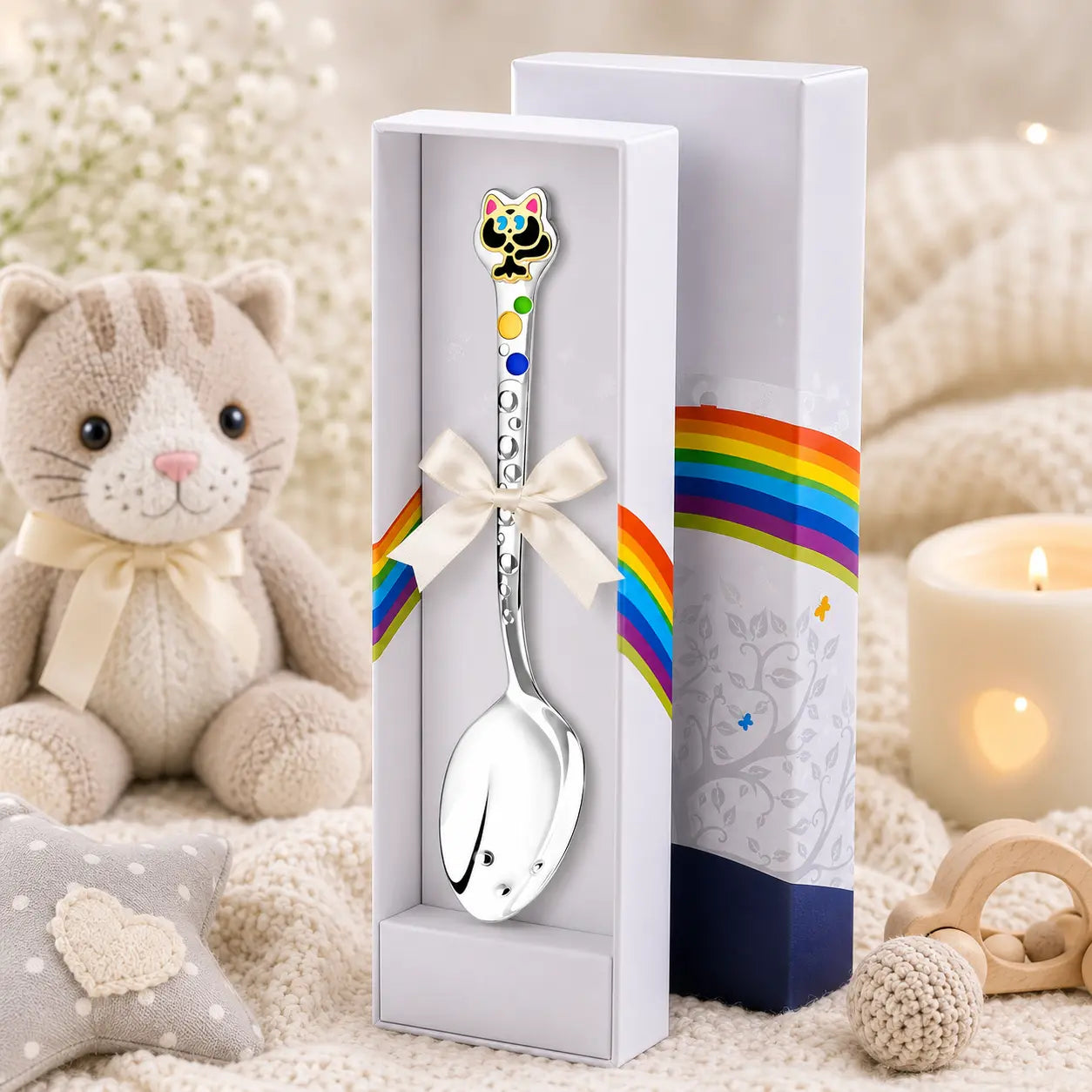 Babylöffel aus 925 Silber mit schwarz-goldenem Kätzchen-Emaille-Motiv – elegantes Geschenk zur Geburt oder Taufe