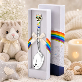 Babylöffel aus 925 Silber mit schwarz-goldenem Kätzchen-Emaille-Motiv – elegantes Geschenk zur Geburt oder Taufe