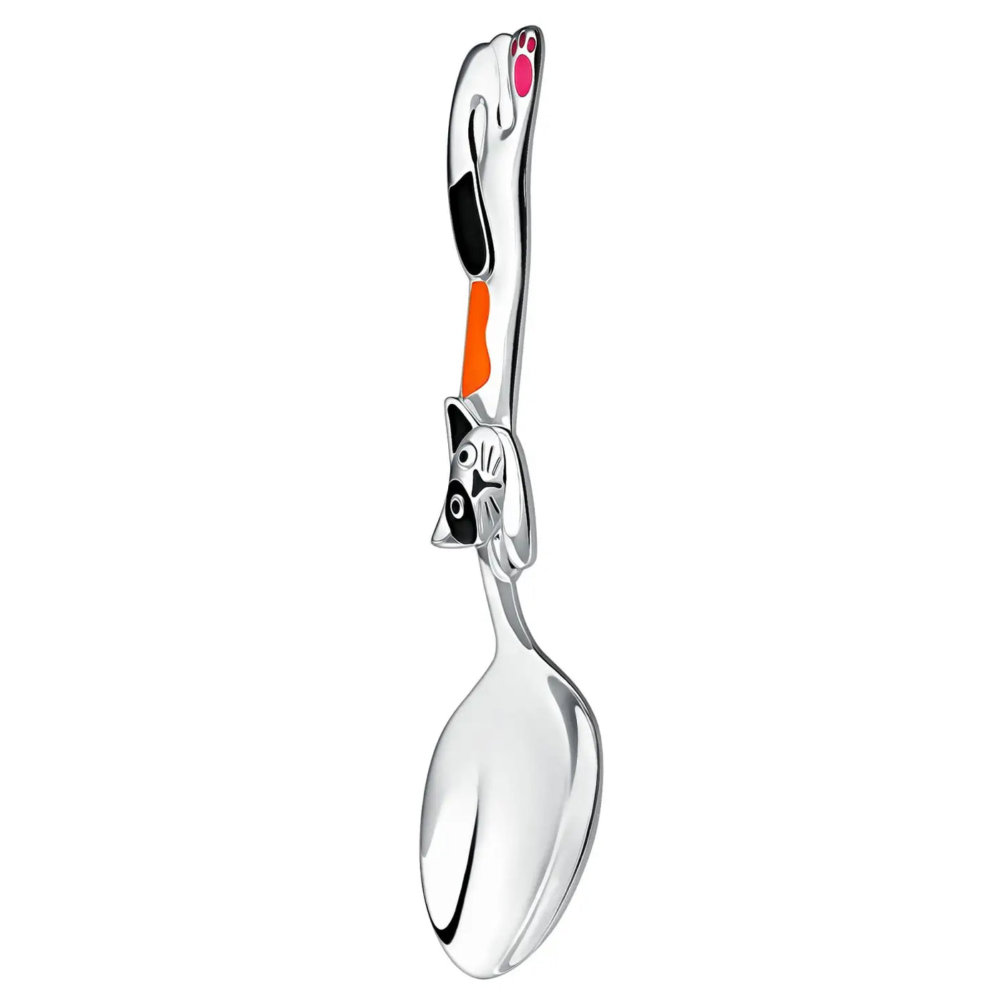 Babylöffel 925 Silber mit Emaille-Kater Schwarz-Orange – Detailansicht mit orangefarbenem Farbakzent.