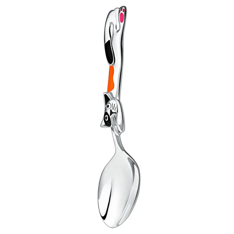 Babylöffel 925 Silber mit Emaille-Kater Schwarz-Orange – Detailansicht mit orangefarbenem Farbakzent.