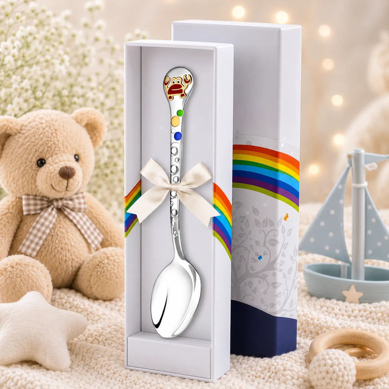 Babylöffel aus 925 Silber mit rot-goldenem Krebs-Emaille-Motiv – liebevolles Geschenk zur Geburt oder Taufe