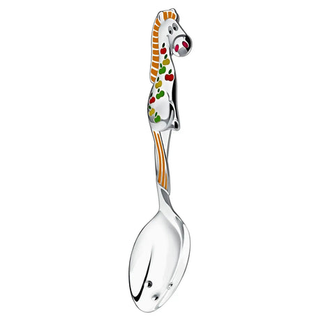 Babylöffel 925 Silber mit Emaille-Pferd Orange-Rot – Detailansicht mit bunten Äpfeln.