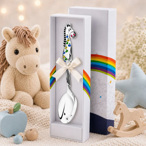 Babylöffel aus 925 Silber mit Pferd- und Äpfel-Emaille in Schwarz-Blau – liebevolles Geschenk zur Geburt oder Taufe