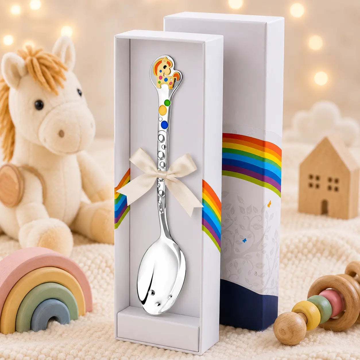 Babylöffel aus 925 Silber mit Pony-Emaille in Gold-Orange – liebevolles Geschenk zur Geburt oder Taufe