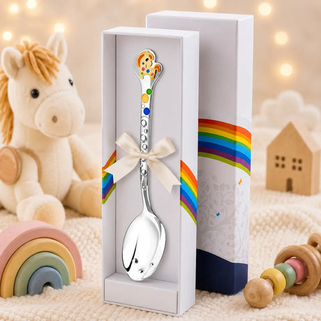 Babylöffel aus 925 Silber mit Pony-Emaille in Gold-Orange – liebevolles Geschenk zur Geburt oder Taufe
