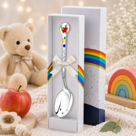Babylöffel aus 925 Silber mit rotem Apfel-Emaille-Motiv und Vergoldung – besondere Erinnerung zum 1. Geburtstag