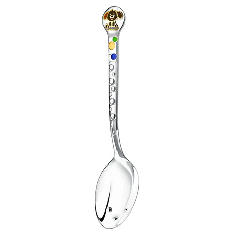 Ein Babylöffel aus 925 Silber mit Welpe-Motiv in grau-schwarzer Farbe aus Emaille mit Vergoldung.