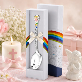 Babylöffel aus 925 Silber mit rosa Engelmotiv und Vergoldung für Mädchen – eleganter Tauflöffel in Geschenkbox