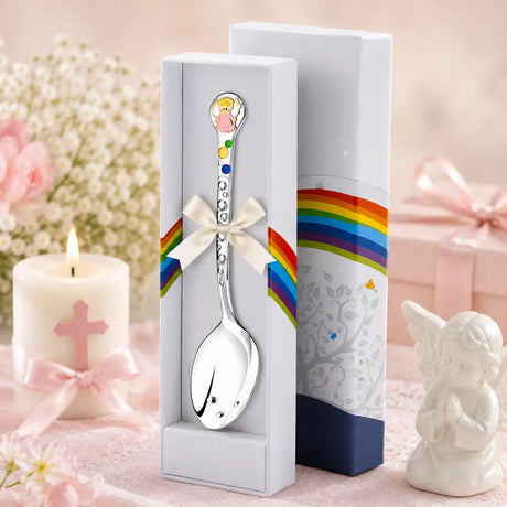 Babylöffel aus 925 Silber mit rosa Engelmotiv und Vergoldung für Mädchen – eleganter Tauflöffel in Geschenkbox