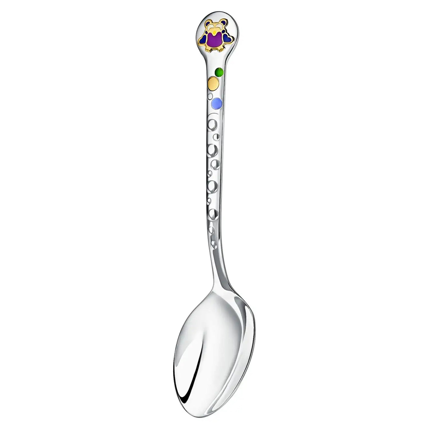 Luxus-Taufgeschenk: Silberlöffel gravierbar & Rassel aus Sterling Silber mit farbigen Details.