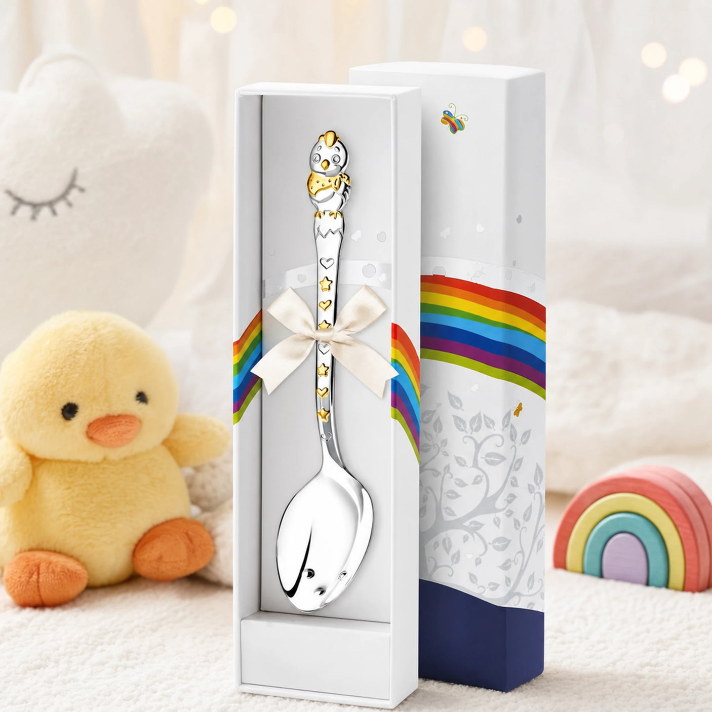 Babylöffel 925 Silber mit goldenem Küken-Motiv — Lifestyle-Setting, liebevolles Geschenk zur Geburt