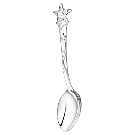 Babylöffel 925 Silber Sterne & Mond – Relief vorne, glatte Rückseite gravierbar, Geschenk zur Geburt oder Taufe.