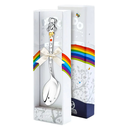 Babylöffel 925 Silber Teddy mit vergoldeter Schleife und Emaille-Punkten im Geschenketui