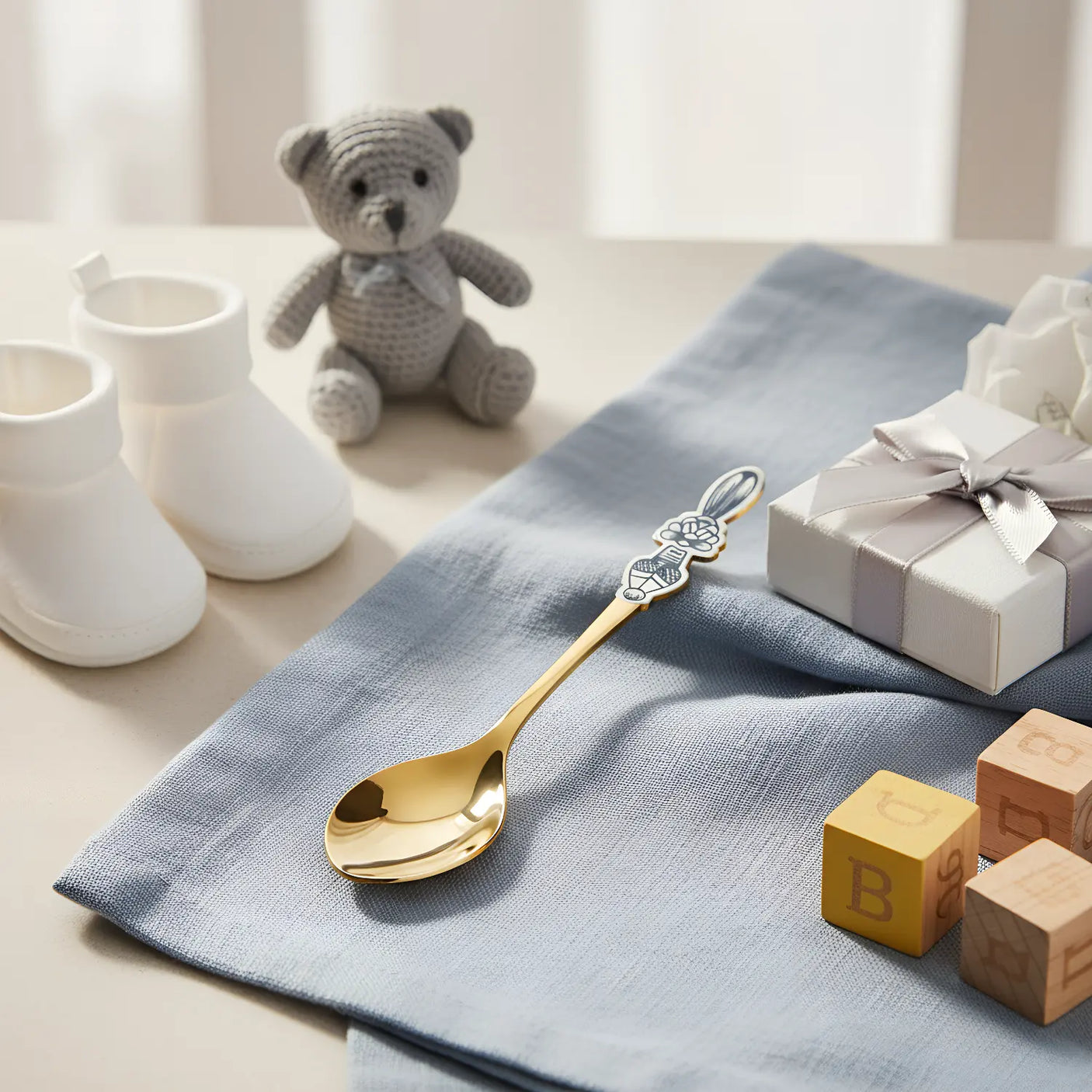 Babylöffel 925 Silber vergoldet – Niello Hase