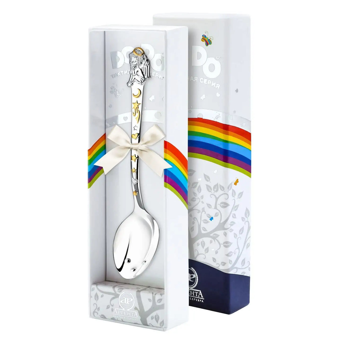 Babylöffel 925 Silber mit Engel & vergoldeten Sternen – Geschenk zur Taufe oder Geburt, mit strukturierter Oberfläche & Geschenkbox.