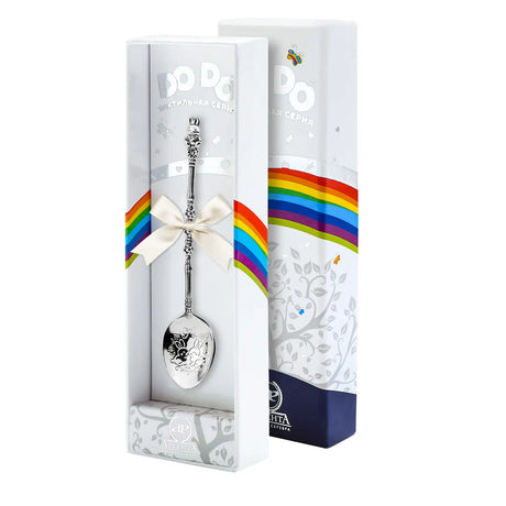 Babyparty Geschenk Silberlöffel Häschen im Geschenketui — Hase am Stiel, Satinschleife, Sichtfenster mit Regenbogen